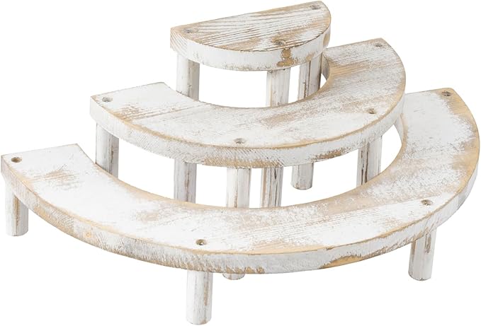 MyGift 3 Tier Wooden Display Riser Stand, Cupcake Stand & Perfume Organizer, Rustic Whitewashed Tiered Display Shelf for Desserts, Nail Polish, Makeup, Plants & Collectibles