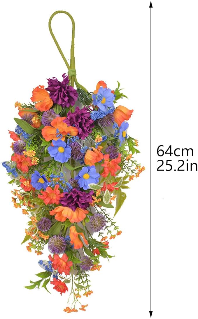 2 PCS 25.2 Inch Artificial Daisy Teardrop Swag Fall Harvest Teardrop Swag Autumn Daisy Decorative Swag Wreath for Front Door Halloween Thanksgiving Window Decor