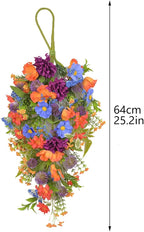 2 PCS 25.2 Inch Artificial Daisy Teardrop Swag Fall Harvest Teardrop Swag Autumn Daisy Decorative Swag Wreath for Front Door Halloween Thanksgiving Window Decor