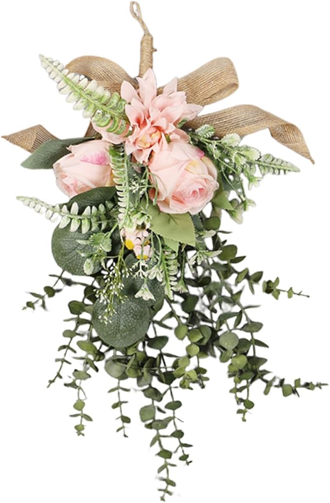 Qianly Artificial Floral Swag Garland Outdoor Indoor, Decorative, Flower Teardrop Wreath, Hanging for Office Holidays Festivals Wall, Pink