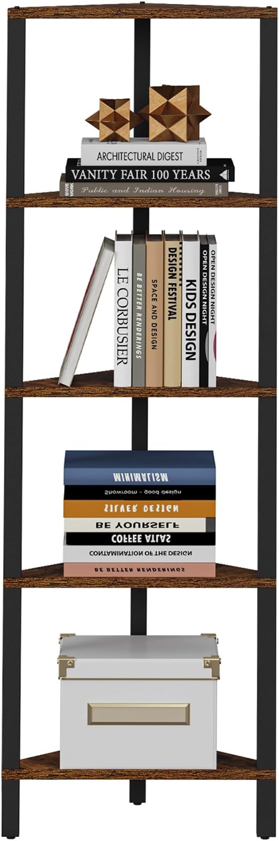 TUTOTAK Corner Shelf, 5-Tier Corner Bookshelf for Small Space, Narrow Display Corner Shelf Stand with Storage Rack, for Living Room, Bedroom, Rustic Brown BS05BB005