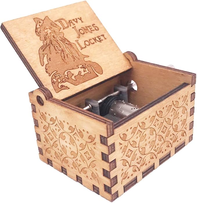 Davy Jones Locket Music Box Hand Crank Musical Box Carved Wooden,Play Davy Jone's Theme,Brown
