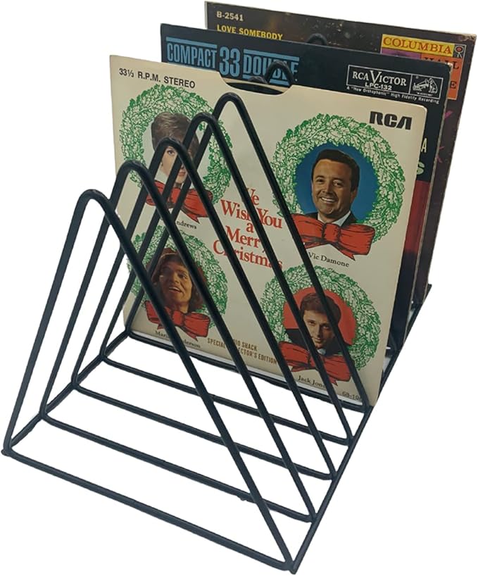 Vinyl Record Storage Holder Stand - Premium Triangle Metal Wire Magazine Rack and Book Holder holds up to 33 Lp Album Records, Functional and Contemporary Vinyl Record Rack Organizer (Black)