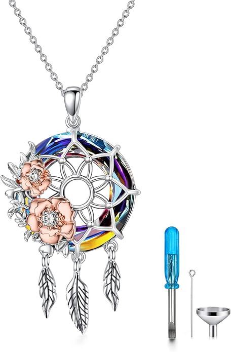 Dream Catcher Crystal Pendant Flower Urn Necklace Jewelry 925 Sterling Silver Keepsake Cremation Necklaces for Human Pet Ashes for Women