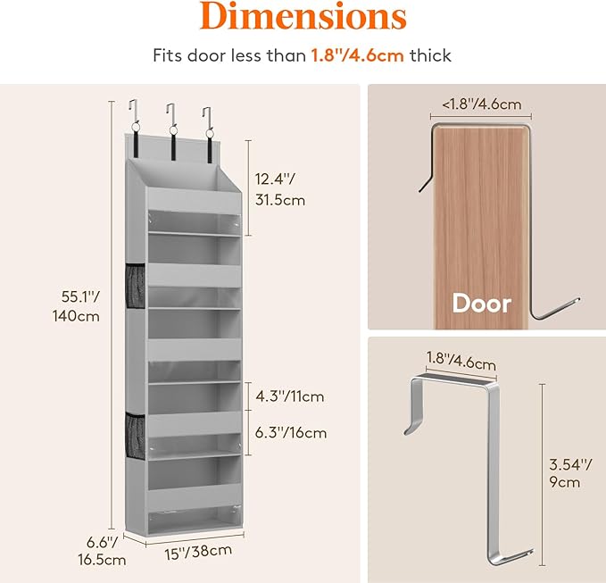 Lifewit 1 Pack Over the Door Organizer, Clear Window Hanging Storage with 4 Side Pockets, Anti Tilt 40 lbs Load Behind Door for Pantry, Nursery, Bathroom, Bedroom, Dorm, 5 Section, Light Gray