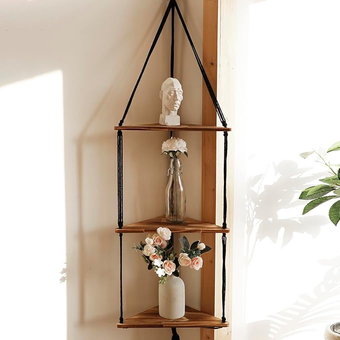 Artilady Macrame Corner Shelf Wall Hanging - 3 Tier Black Floating Shelves Plant Corner Wall Decor, Boho Rustic Wooden Plant Storage Rack for Bedroom Living Room Bathroom