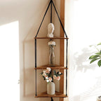 Artilady Macrame Corner Shelf Wall Hanging - 3 Tier Black Floating Shelves Plant Corner Wall Decor, Boho Rustic Wooden Plant Storage Rack for Bedroom Living Room Bathroom