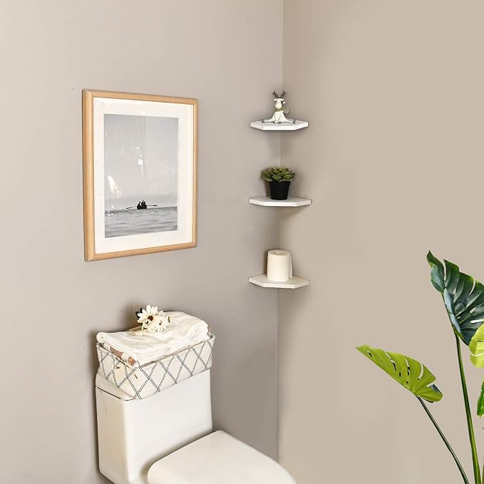 WELLAND 7-Inch Floating Corner Shelves Set of 2, Wall Mounted Storage Shelf with White Finish for Bedroom, Living Room, Bathroom, Display Shelf for Small Plant, Photo Frame, Toys and More