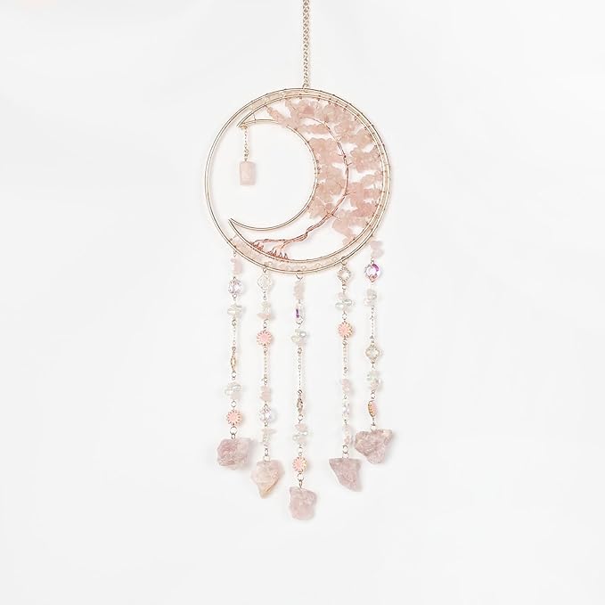 Pink Gemstone Dream Catcher 7 Chakras Tree of Life Moon Dream Catchers with Healing Crystal Stones Handmade Suncatcher Dreamcatcher Wall Decor for Adults Living Room,Bedroom,Garden,Bless Gift