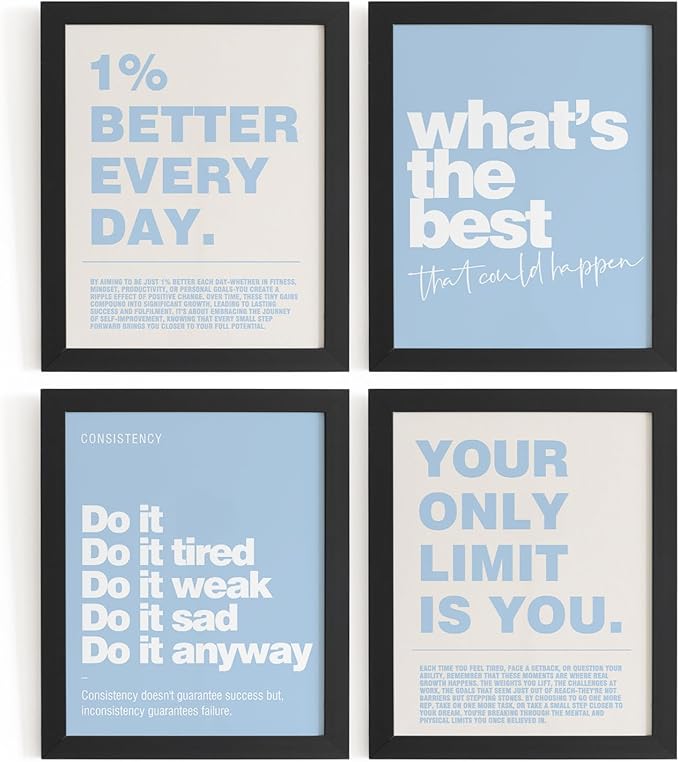 DSHFG Motivational Inspirational Office Wall Art Decor Prints Set of 4, Black Motivational Wall Decor Trendy Retro Posters for Office Home Decor, 8x10 Unframed (Blue)