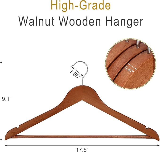 TOPIA HANGER Wooden Hangers 30 Pack, Wood Clothes Hangers, Durable Coat Hanger with 360-Degree Rotatable Hook, Non-Slip Pants Bar and Shoulder Notches for Camisole Tops (Walnut) - CT34WA30