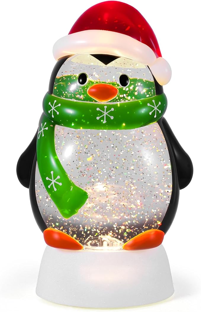 Christmas Snow Globe Penguin Lighted Musical Glitter Globe Battery Operated or USB Powered with Timer Water Glittering Snowing Globe for Christmas Party Home Table Decorations Gifts (Penguin)
