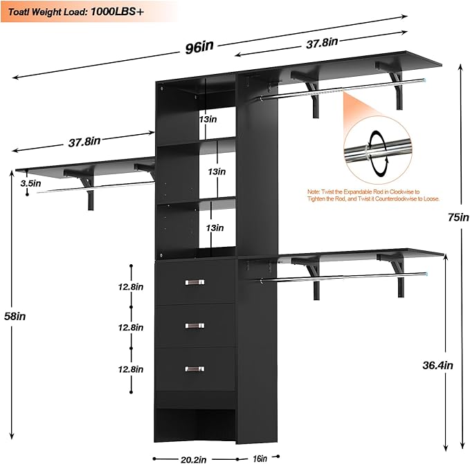 8FT Closet System, 96'' Closet Organizer System with 3 Hanging Rods, Wall Mount Bedroom Wardrobe with 3 Drawers Walk-in Closet, Adjustable Cloth Garment Rack from 5 to 8FT (Cut to Fit), Black