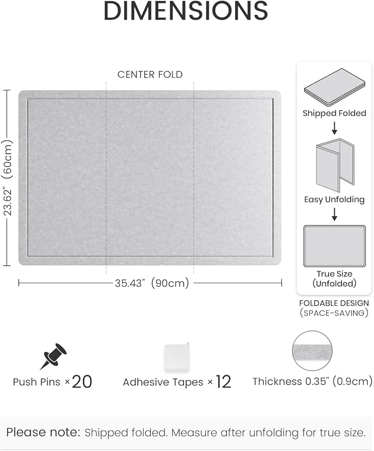Fluxynara Bulletin Board,35.4" x 23.6" Cork Board Alternative with 12 Safe Removable Adhesive Tabs, Foldable Felt Pin Board for Home Office, Classroom, Bedroom,Entryway for Walls—Soft Gray