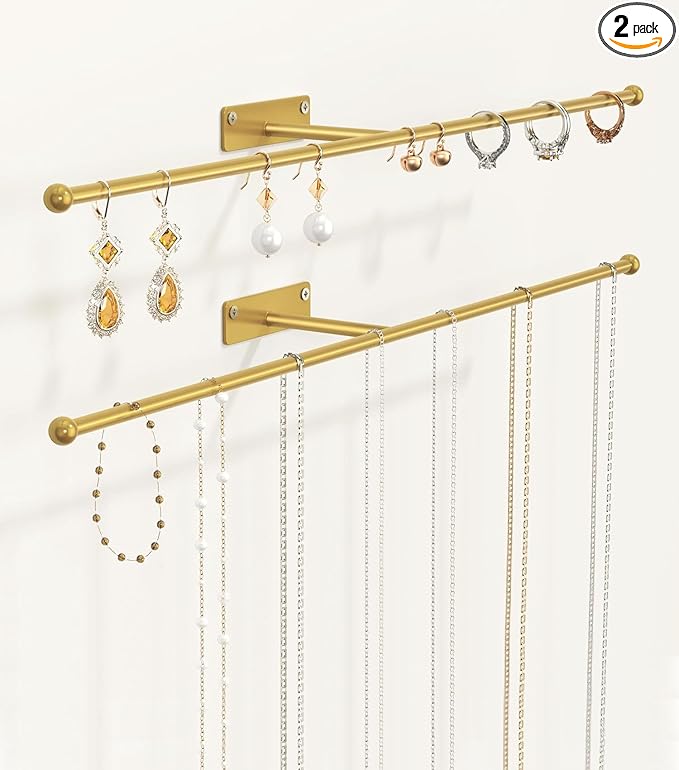 Wall Hanging Jewelry Organizer: 12.6'' Necklace Holder for Earring, Bracelet, Rings, Hairband, Glasses, Gold 2-Pack, Screws Included