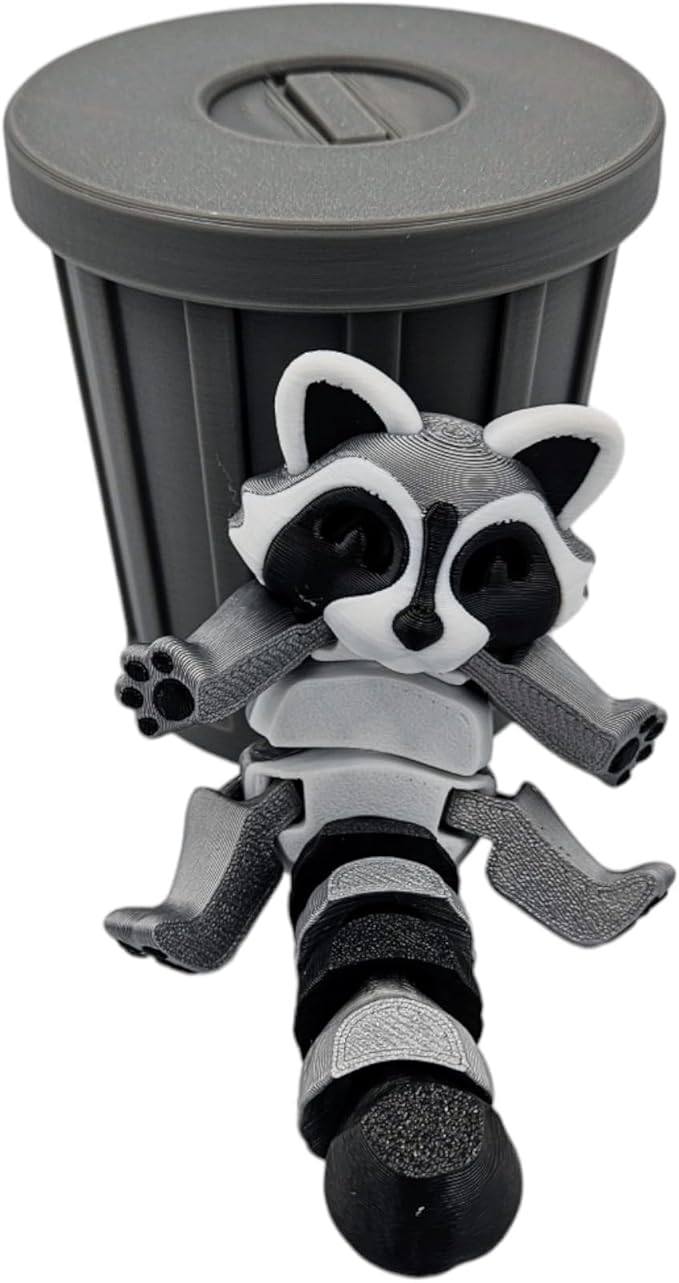 Articulating Animals Raccoon, Fox, Panda, Skunk, Possum with Containers - 3D Printed Articulated Joints ADHD, Autism, Relief Anxiety, Collectible Figurines (Raccoon Trash Can)