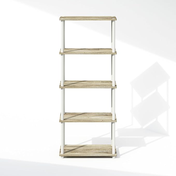 Furinno Turn-N-Tube Book Shelf, 5-Tier Bookshelf, Bookcase with Multipurpose Compact Display Rack, 11.6 x 23.6 x 57.4, for Living Room, Bedroom, Home Office, Sonoma Oak/White