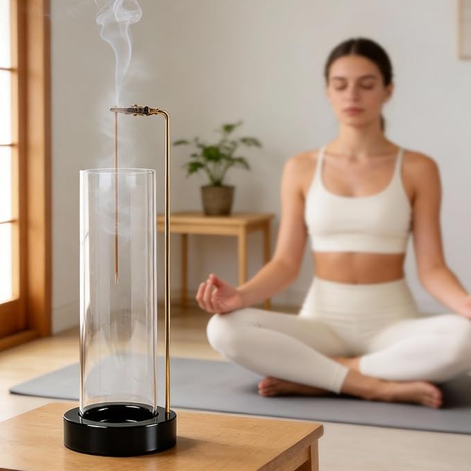 Incense Holder for Sticks, Anti-Ash Flying Incense Burner with 30 Incense Sticks, Detachable Glass Ash Catcher (Stainless Steel, Black)