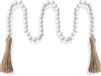 Equsion Seasonal Wooden Bead Garland with Tassels, 3.3 ft Holiday Vintage Boho Bead Garland Easter Tray Decoration, Vase Wall Room Art Birthday Party Decoration(White)