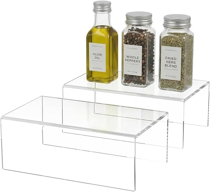 Sezanrpt Acrylic Shelf Riser 8x4.7x3 pack of 2, Desktop Rectangular Acrylic Tray Pedestal Stand for Funko Pop Figure, Bags, 8x4.7x3 Inch