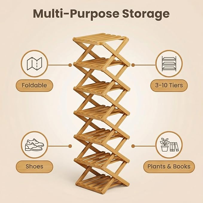 The 9-Tier No-Assembly Bamboo Rack, 3-9 Tiers Bamboo Shoe Rack, Foldable Bamboo Vertical Shoe Organizer, Multifunctional & Space-Saving, For Entryway, Closet, Corner, Bedroom, Hallway (Walnut, 7Tiers)