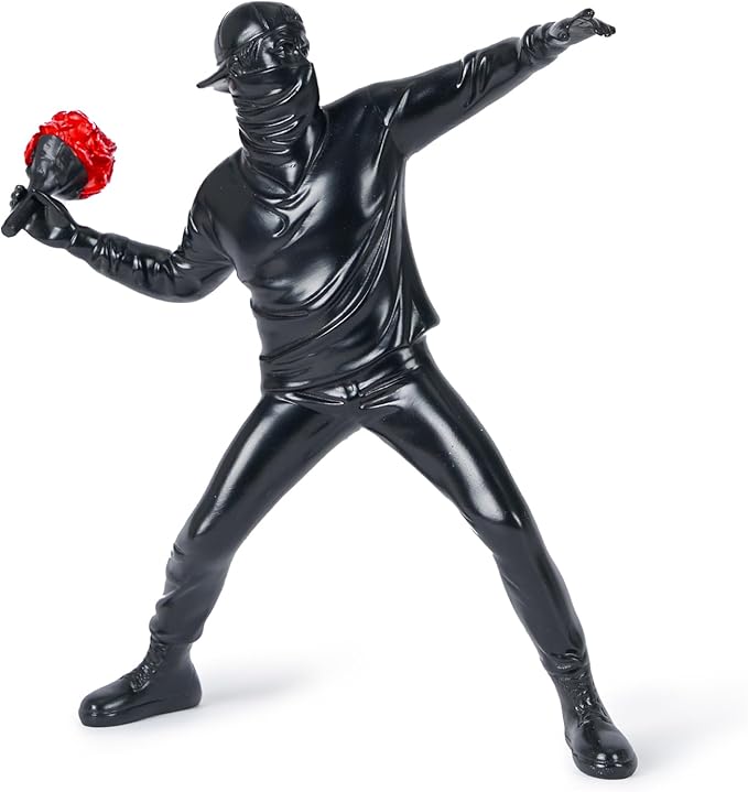 Banksy Flower Thrower Sculpture, 8.5 inch Black Banksy Street Graffiti Art Statue Replica, Inspirational Sculpture Gifts Peace Hope