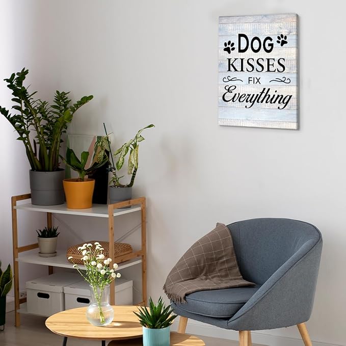 Funny Farmhouse Dog Canvas Wall Art Decor Dog Kisses Fix Everything Rustic Sign Painting Plaque Vintage Animal Pictures Print Home Decoration (11.5 X 15 Inches, Framed)