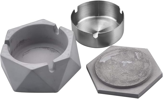 FREELOVE Concrete Ashtray with Lid & Stainless Steel Ashtrays for Cigarettes, Cement Ash Tray Smoking Holder Indoor Smokeless Outdoor Windproof Patio Home Office Cool Decor(Grey, Small)