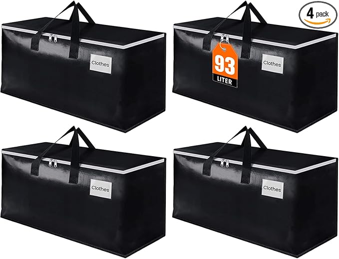 Extra Large Moving Boxes-Moving Bags with Zipper, Carrying Handles and Tag Pocket-Moving Supplies for Space Saving-Totes for Storage - for moving, Storage, Camping and Travel 93L-4 Pack
