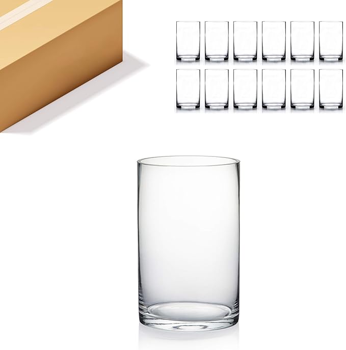 WGV Cylinder Vase Bulk, Diameter 5", Height 8", Clear Glass Floral Planter Container, Floating Candle Holder for Wedding Party Event Home Office Decor, 12 Pieces