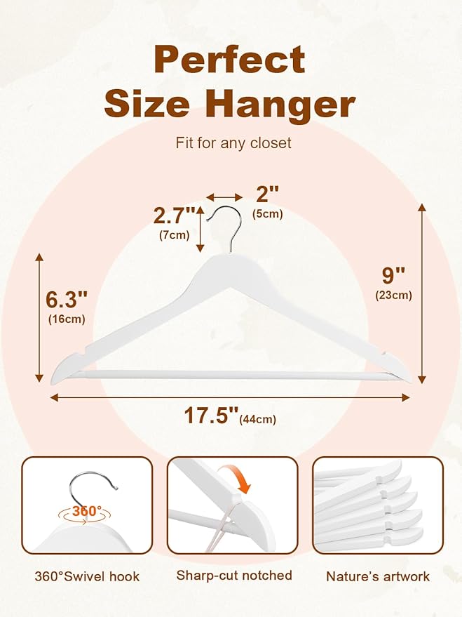 HOUSE DAY White Wooden Hangers 20 Pack, Solid Wood Hanger with Non Slip Pant Bar, Heavy Duty Wooden Coat Hanger for Closet, Smooth Finish Wood Clothes Hangers for Shirts, Suits Jackets, Dress
