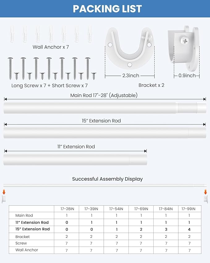 2 PACK Closet Rods for Hanging Clothes, 17 to 39 Inches Stepless Adjustable Metal Closet Rod, 1.3 Inches Heavy Duty Clothes Hanging Rod for Closet Wardrobes Laundry RV, White