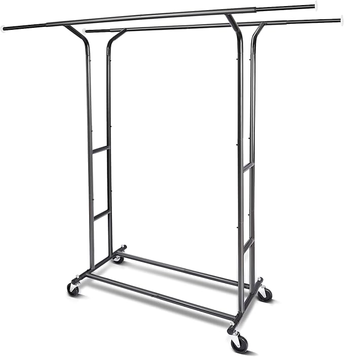 Fishat Black Heavy Duty Double Rod Garment Rack for Hanging Clothes, Rolling Clothes Organizer Commercial Metal with Lockable Wheels Mobile for Coats Dresses