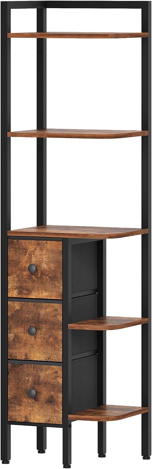 YATINEY Corner Shelf Stand, 5-Tier Corner Bookshelf with 3 Drawers, Industrial Display Shelf for Narrow Spaces, Wooden Small Bookcase, Easy Assembly, Rustic Brown and Black CJ10BR