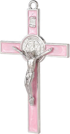 VINETEN Crucifix - Saint Benedict Crucifix Wall Cross Give Blessing and The Spiritual Sacred Pink Enamel Wall Cruciifx for Girl 5 Inch
