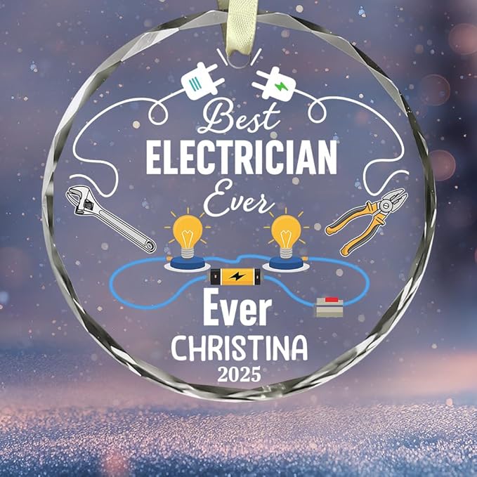 BSQUIELE Personalized Best Electrician Ever Glass Ornament 2025 - Funny Retirement Gift Custom Name and Date Keepsake - Xmas Tree Hanging Decoration for Electrician Men