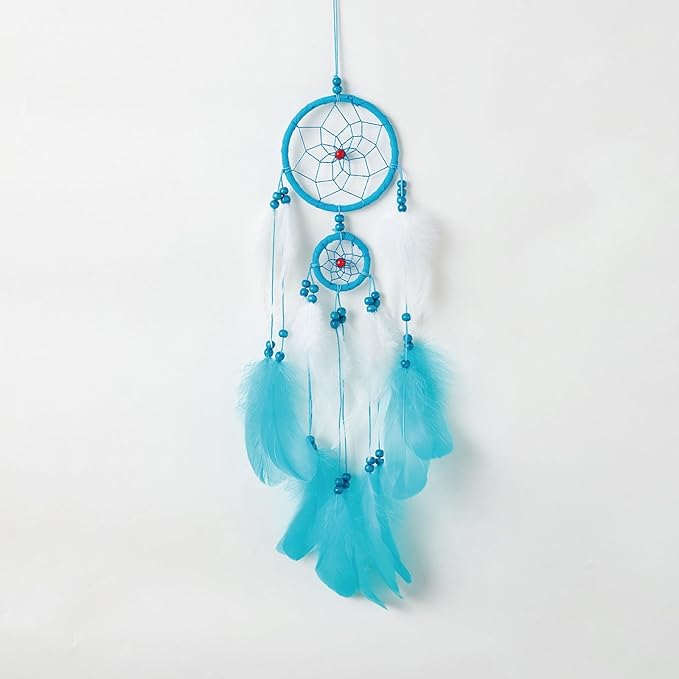 Pretty Jolly Indian Small Blue Dream Catchers Wall Decor Handmade Feathers Native Mini Dreamcatchers Home Decoration Ornament for Bedroom Birthday Party-2 Rings