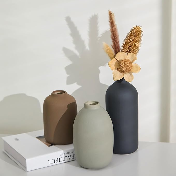 Ceramic Vase Set of 3,Neutral Modern Vases for Bouquet Pampas Grass Dried Fresh Flowers,Rustic Home Decor for Living Room,Bedroom Entryway