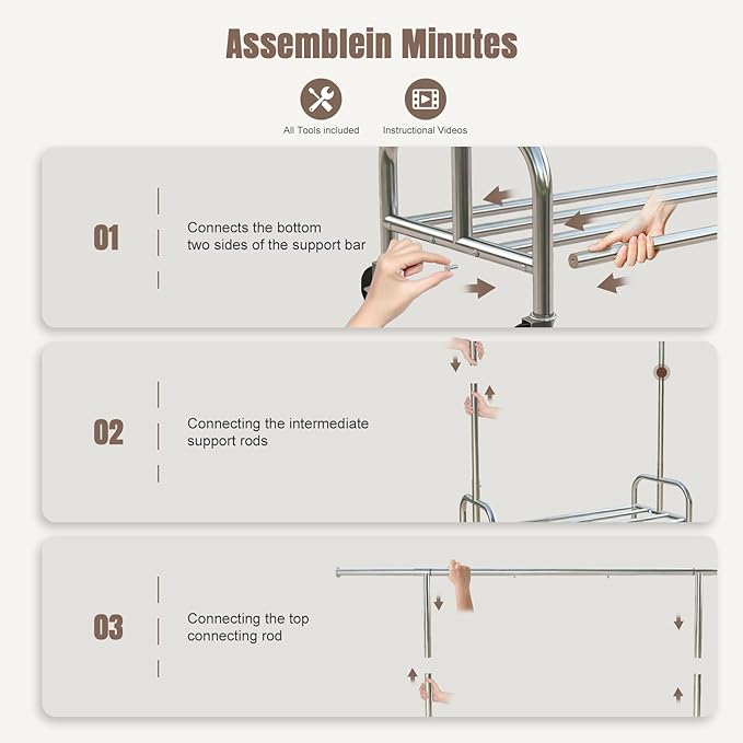 Clothing Garment Rack Capacity 530LBS Rolling Clothes Rack on Wheels - Heavy Duty Commercial Storage Organizer - Portable Hanging Garment Rack For Clothes