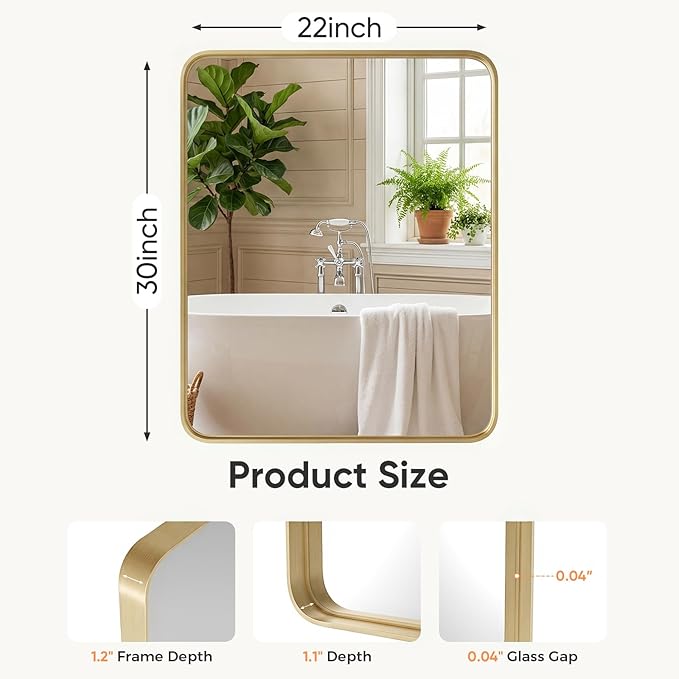 Sweetcrispy Bathroom Wall Mirror, 30x22 Inch Wall Mount Mirror for Over Sink, Modern Rounded Rectangle Vanity Mirrors with Matte Metal Framed, for Home Decor, Living Room, Bedroom, Gold