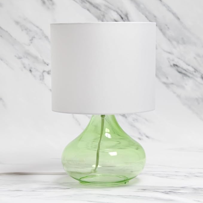 Simple Designs LT2063-GRW Glass Raindrop Table Lamp with Fabric Shade, Green with White Shade
