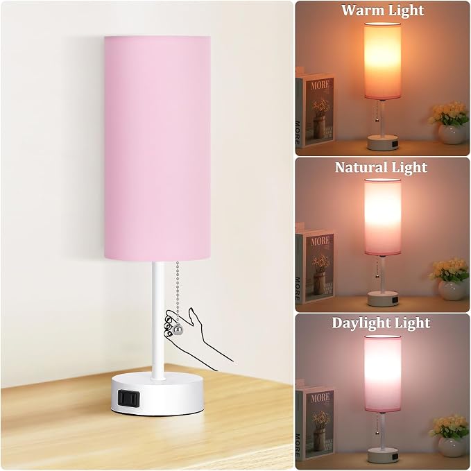 Dott Arts Table Lamp for Bedroom, 3-Color Bedside Lamps with Pull Chain, Bedroom Table Lamps for Nightstand,AC Outlet Small Lamp for Living Room, Bulb Included Pink