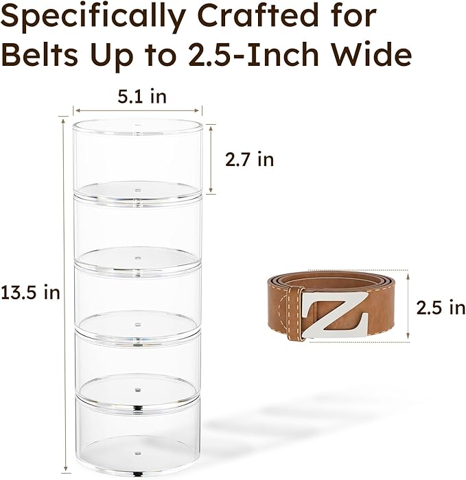 FEMELI Belt Organizer, Acrylic Belt Storage Holder for Closet & Drawer, 5-Layer Stackable Display Case for Belts, Watches, Jewelry and Ties