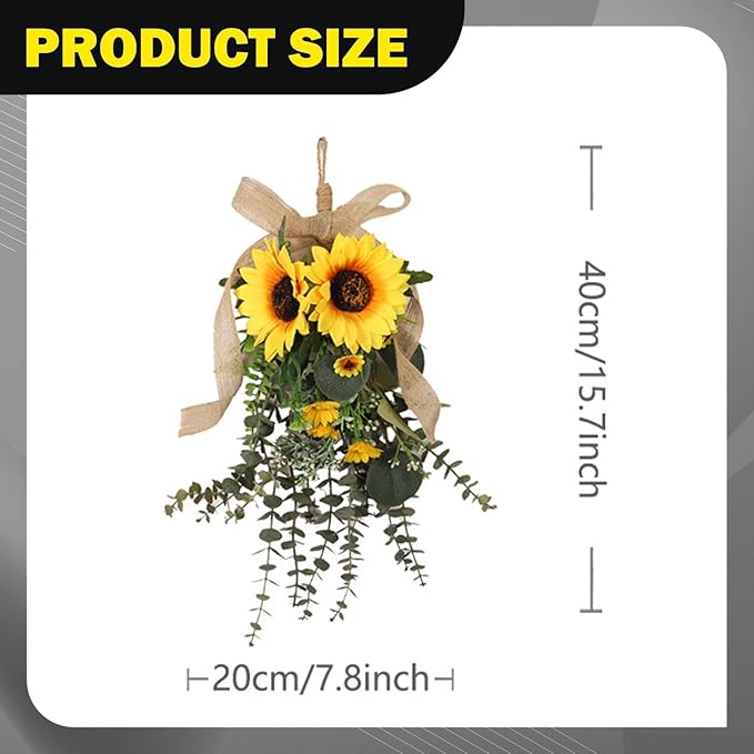 Sunflower Swag Lifelike Rustic with Green Leaves Garland Adornment Spring Summer Door Wreath Flower Swag for Holiday Window