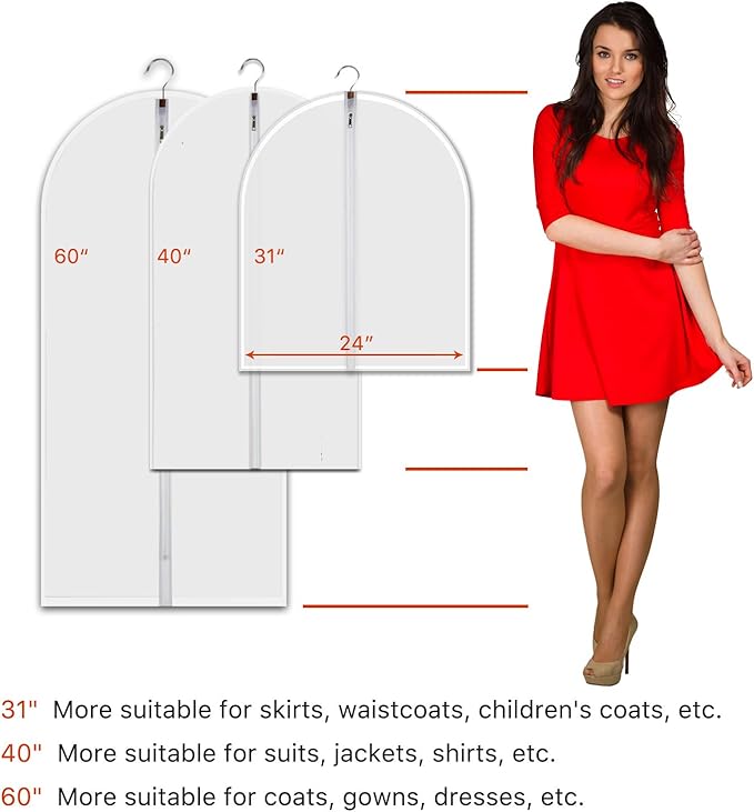Hanging Garment Bags 7 Piece Set - 60 Inch Translucent Dust Proof Clothes Bag White Breathable Full Zipper Dust Cover for Suit Dance Costumes Gown Dress.