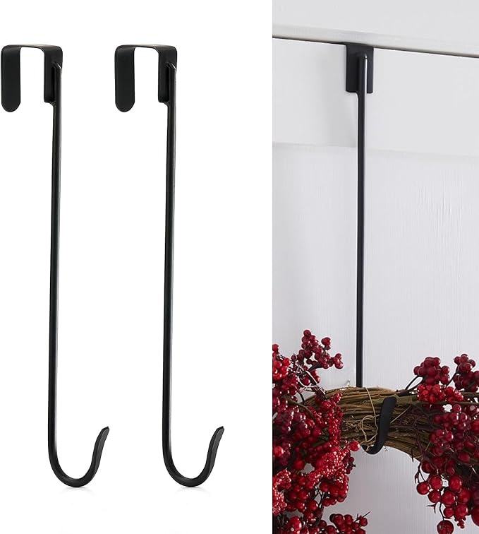 Jemeni 16" Heavy Duty Wreath Hangers for Front Door (2 Pack), 35LBS Matte Iron Over The Door Hook, No Tools Needed Black Wreath Holder