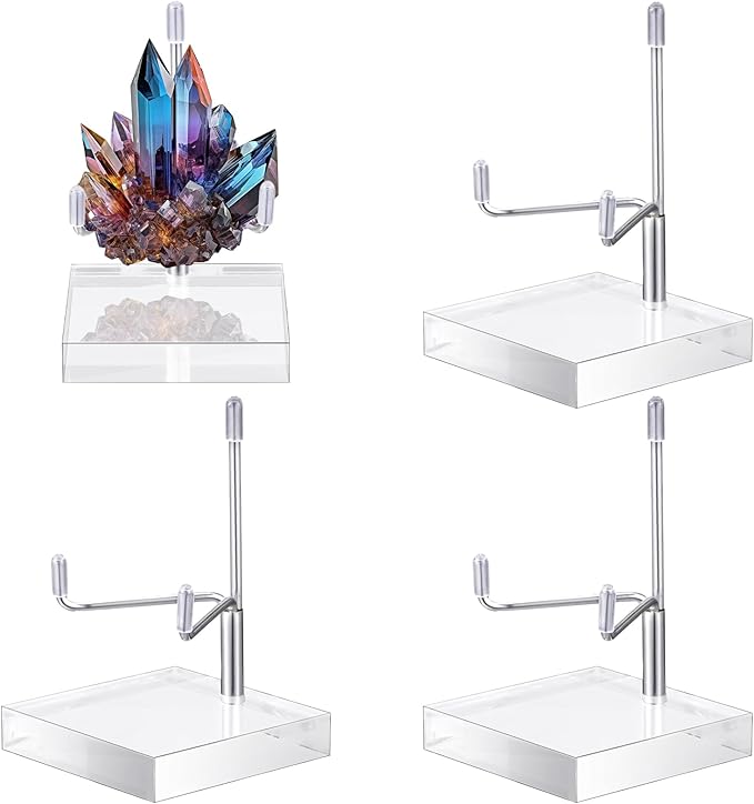 Suzile 4 Pcs Adjustable Metal Arm Display Stand Easel with Acrylic Base Rock Display Easel Holder Acrylic Crystal Clear Plate Stand for Geodes Mineral Agate(Silver,2.4 x 2.4 x 3.5 Inch)