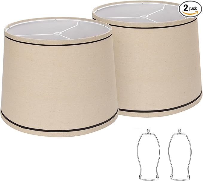 Drum Lampshades Set of 2, Medium Fabric Lamp shades for Table Lamps, Floor Lamps, Beige Linen Lamp shades 11.6" Top x 12.6" Bottom x 9.8" High Spider Fitter, Replacement Lampshades, Assembly Required