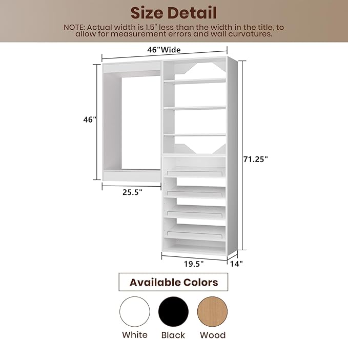 ROOMTEC Modular Closet System, 46" Wall Mounted Closet Organizer with Hanging Rods and Shoe Shelf, Wooden Tower for Walk-In Closets, Wardrobe Storage Kit, White