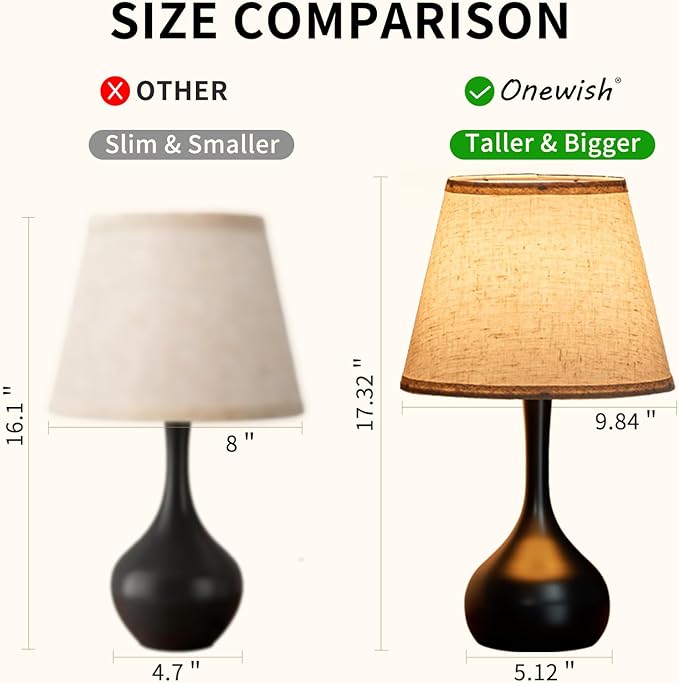 ONEWISH Touch Bedside Lamp for Bedroom, 3-Way Dimmable Farmhouse Table Lamps for Nightstand with Fabric Shade, Desk Lamp for Kids Reading, Home Office